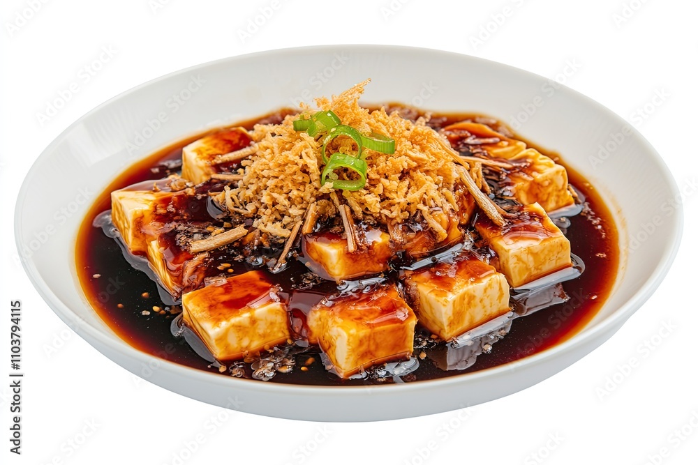Top view of delicious Chilled tofu and century egg food with soy sauce and bonito flakes topping in Taiwan. isolated on white background Top view of delicious Chilled tofu and century egg food with soy sauce and bonito flakes topping in Taiwan. isolated on white background