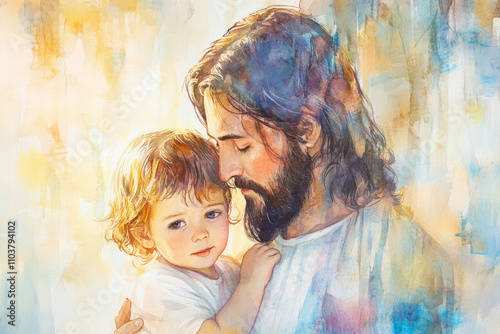 Jesus with a child in His arms, looking down with kindness and grace. The watercolor painting captures the gentle interaction, with soft, flowing strokes and a serene background of peaceful light,