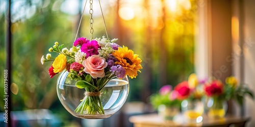 Serene Hanging Flower Vase Decor with Vibrant Blooms in Soft Natural Light, Perfect for Home Interiors and Floral Arrangements, Showcasing the Elegance of Nature Indoors