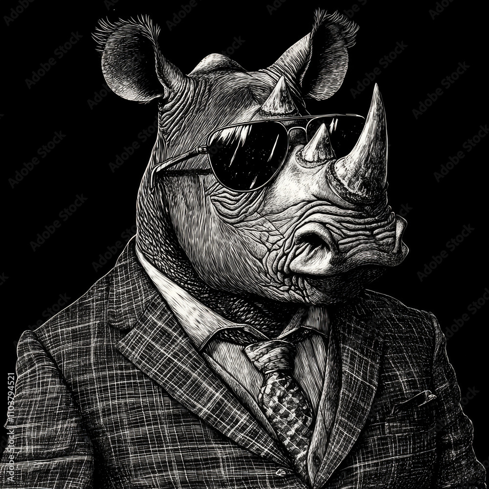 Obraz premium A rhino in a sharp suit and aviator sunglasses, combining rugged wildlife with sophisticated fashion. The engraving in scratchboard-style captures the detailed textures of the rhino's skin and the