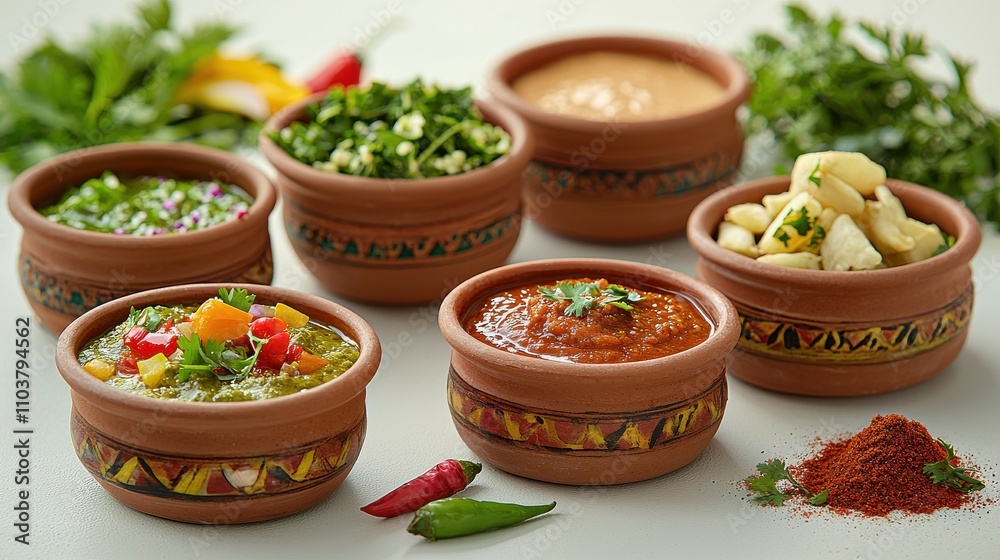 Fresh Colorful Spices and Sauces in Traditional Clay Pots Indian food cuisine Fresh Colorful Spices and Sauces in Traditional Clay Pots Indian food cuisine