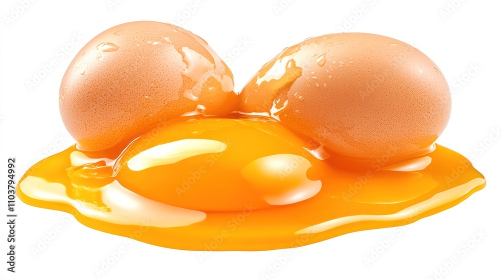 Two whole eggs and one cracked open egg with its yolk and whites spilling out on a reflective surface against a white background. Two whole eggs and one cracked open egg with its yolk and whites spilling out on a reflective surface against a white background.
