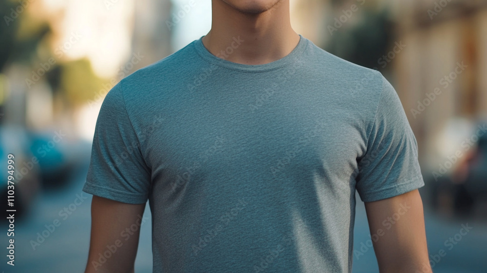 a young man in a grey T-shirt standing on city background a young man in a grey T-shirt standing on city background