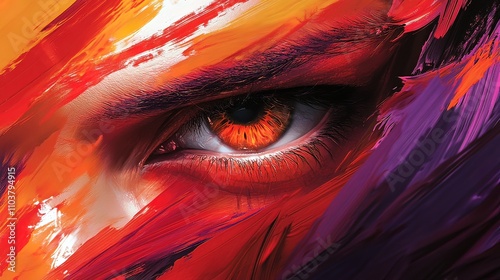 A close-up of a fiery orange eye with red and purple brushstrokes surrounding it.