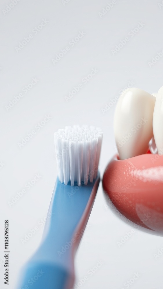 Close-up of a toothbrush cleaning between teeth, clean teeth, toothbrush, dental hygiene, oral care routine Close-up of a toothbrush cleaning between teeth, clean teeth, toothbrush, dental hygiene, oral care routine