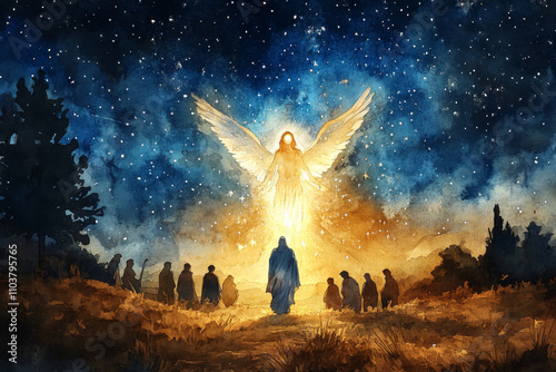 A digital watercolor painting of an angel appearing to shepherds in a field, the night sky filled with stars and the angel's radiant light shining down on them. The shepherds look in awe and reverence