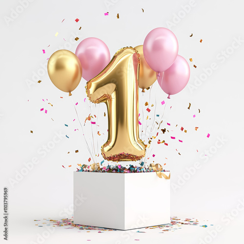 Happy 1st birthday greeting card or party invitation design, golden and pink surprise balloons and confetti flying out of box. 