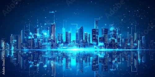 High-tech futuristic city skyline, vibrant neon blue tones, reflecting a clean, sci-fi aesthetic, 