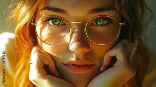 A close-up portrait of a young woman with red hair and green eyes wearing round glasses. She is smiling and looking directly at the camera. The light is coming from the left side of the image, 