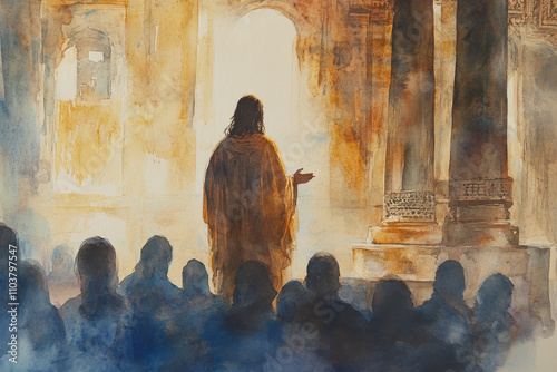 Jesus standing in front of the Temple, speaking to the people with authority and love. The watercolor uses warm earth tones, golden light, and soft blues to create an atmosphere of reverence and