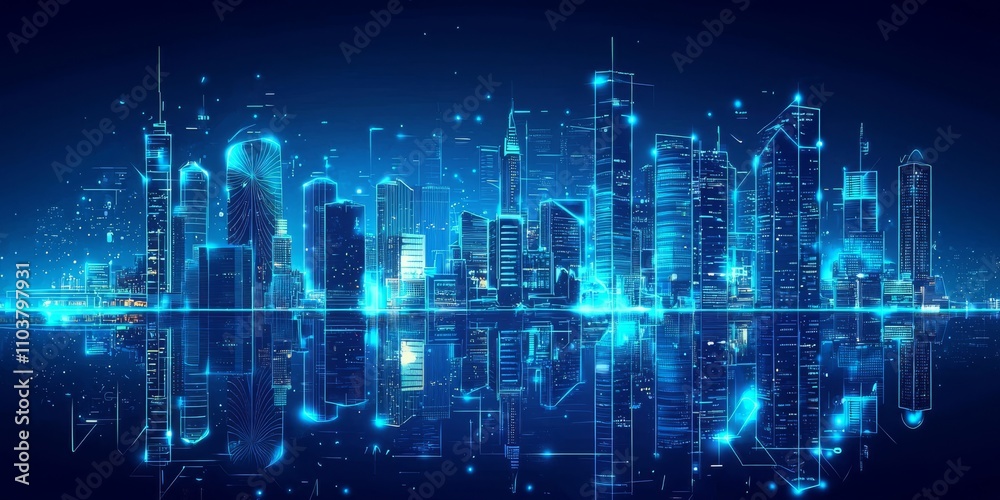 Fototapeta premium High-tech futuristic city skyline, vibrant neon blue tones, reflecting a clean, sci-fi aesthetic, 