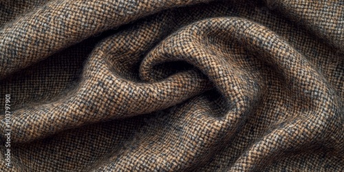 Top view of woolen tweed fabric showcasing its unique texture and patterns, highlighting the rich characteristics of woolen tweed in detail for textile appreciation.