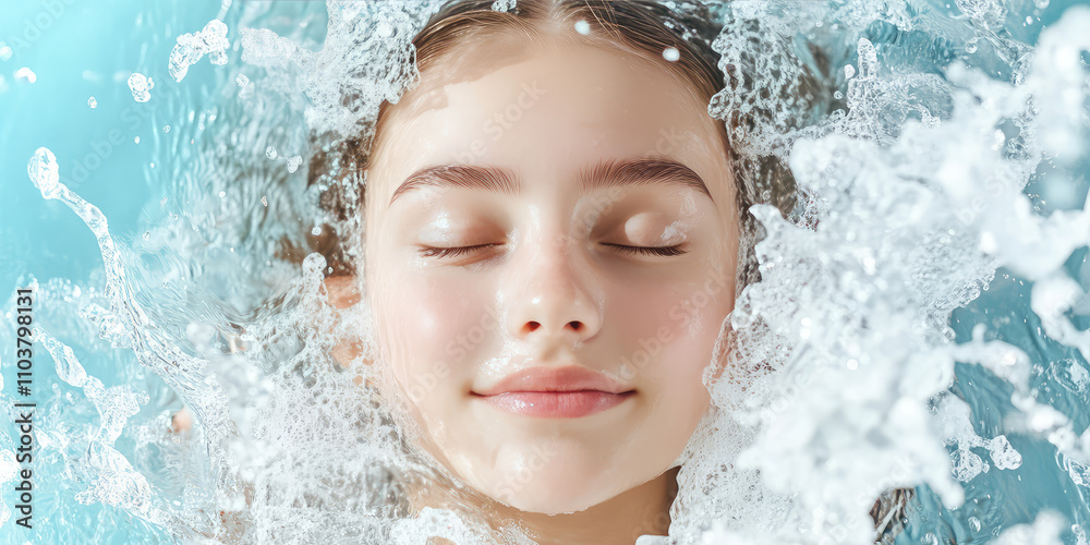 Portrait of young beautiful woman with clear skin with waves and splashes of water. Background with copy space. Moisturizing cosmetics facial care concept Portrait of young beautiful woman with clear skin with waves and splashes of water. Background with copy space. Moisturizing cosmetics facial care concept