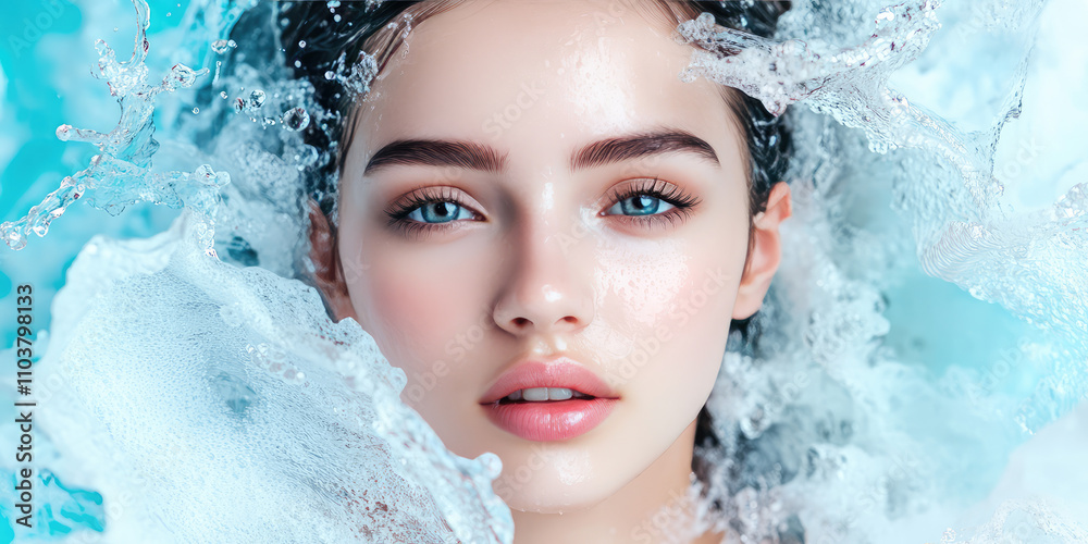 Portrait of young beautiful woman with clear skin with waves and splashes of water. Background with copy space. Moisturizing cosmetics facial care concept Portrait of young beautiful woman with clear skin with waves and splashes of water. Background with copy space. Moisturizing cosmetics facial care concept