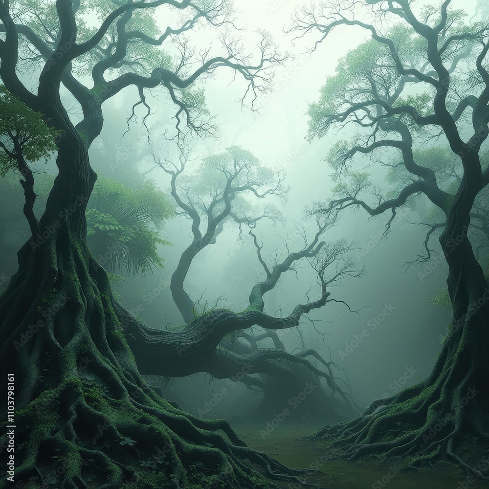 Moody forest landscape with a foggy atmosphere and twisted tree roots, overgrown vegetation, dark history Moody forest landscape with a foggy atmosphere and twisted tree roots, overgrown vegetation, dark history