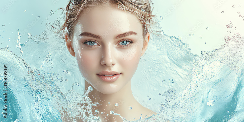 Portrait of young beautiful woman with clear skin with waves and splashes of water. Background with copy space. Moisturizing cosmetics facial care concept Portrait of young beautiful woman with clear skin with waves and splashes of water. Background with copy space. Moisturizing cosmetics facial care concept