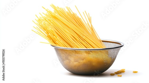 Raw spaghetti pasta in a stainless steel colander, white isolated background.