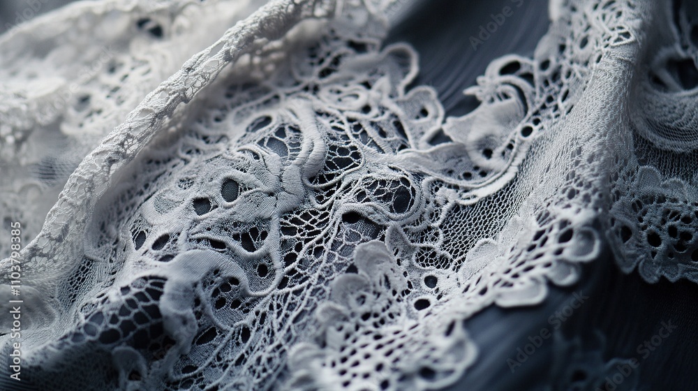 Naklejka premium Intricate ivory lace fabric with floral embroidery.