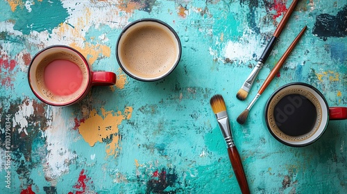 coffee and creativity sessions Vibrant cups of coffee on a painted surface.