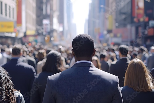 Businessman Walking Amidst Urban Crowd, Sunlit Street