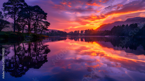 Serene Lakeside Sunset with Vibrant Sky Reflections and Silhouetted Trees