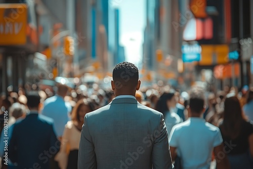 Businessman Walking Anonymous Metropolis Crowd Sunlight photo