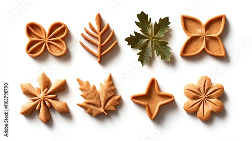 Assorted cookie cutters shaped like leaves and flowers on white isolated background.