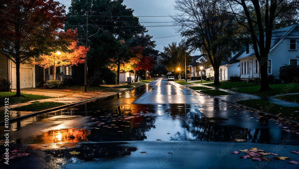 Nighttime view of a quiet suburban street with wet pavement reflecting lights and autumn leaves Nighttime view of a quiet suburban street with wet pavement reflecting lights and autumn leaves