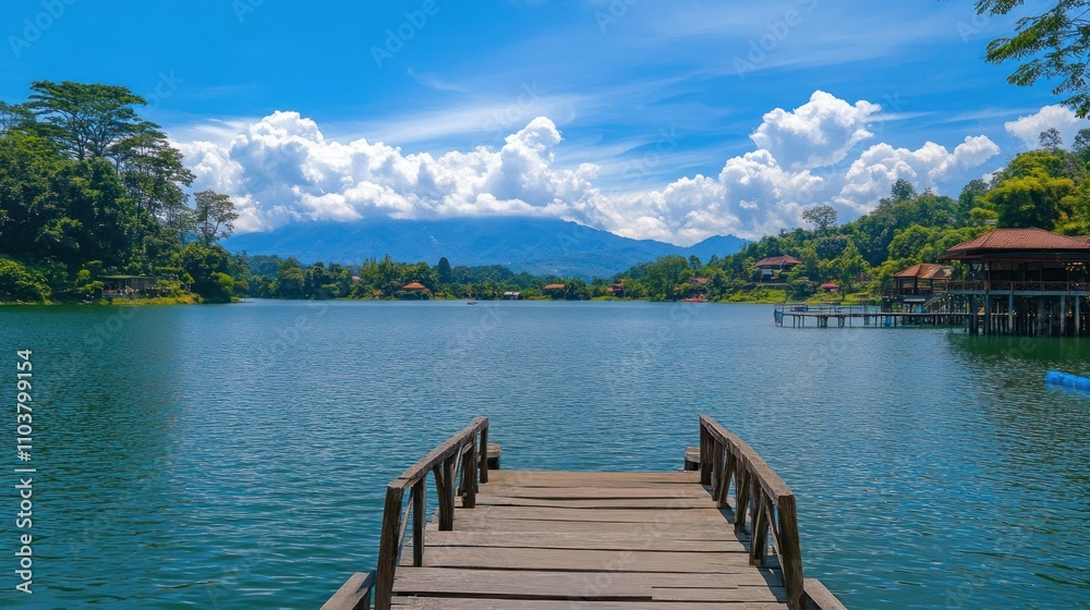 Serene Lakeside View With Wooden Dock And Mountains Serene Lakeside View With Wooden Dock And Mountains