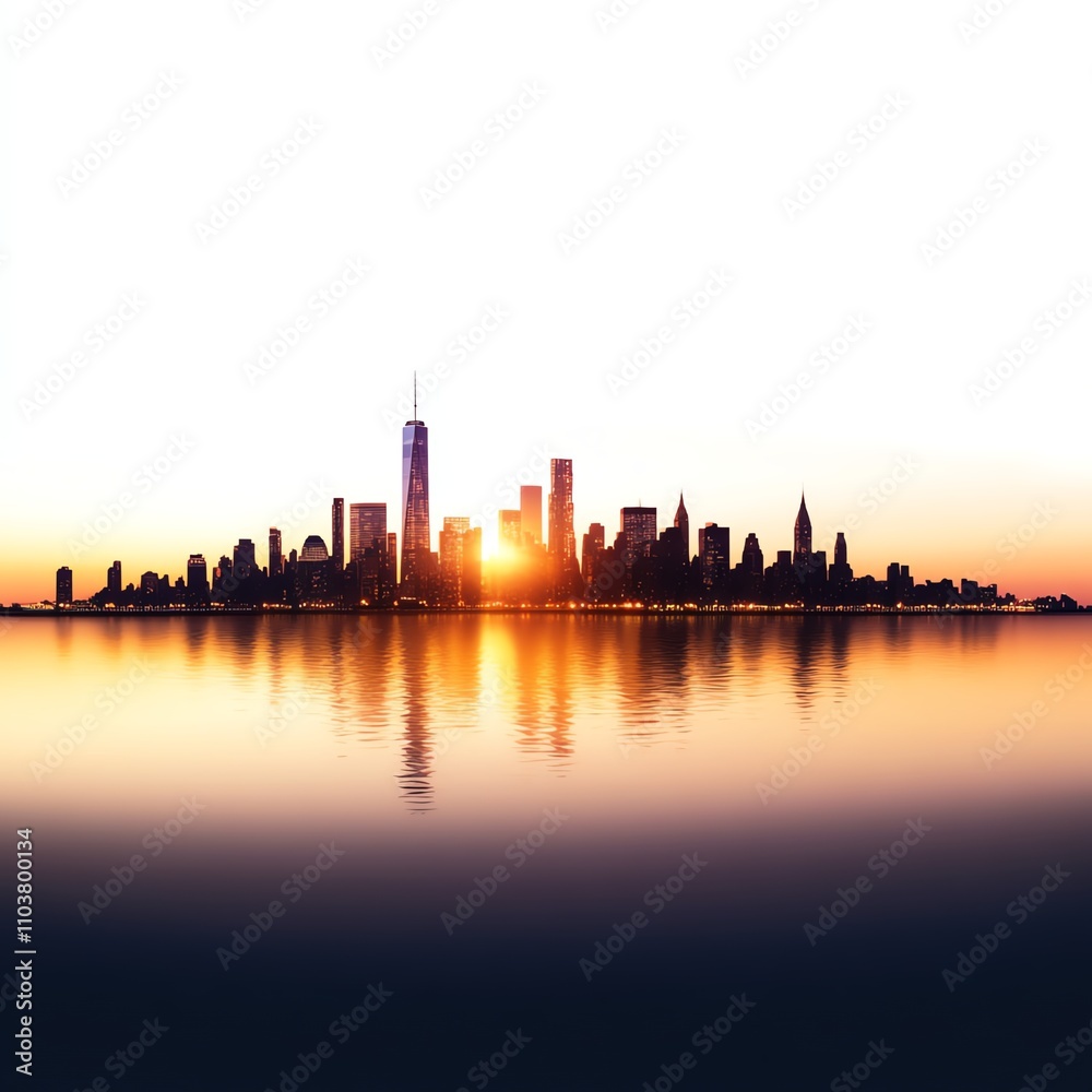 City skyline at sunset reflecting on calm water surface, vibrant colors in the sky. City skyline at sunset reflecting on calm water surface, vibrant colors in the sky.