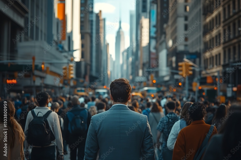 Businessman Walking Through Dense Metropolis Sunlight Businessman Walking Through Dense Metropolis Sunlight