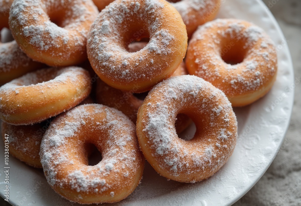A tempting pile of freshly made donuts dusted with powdered sugar sits invitingly on a white plate, their golden-brown edges glistening. Each donut, soft and fluffy, beckons with a promise of A tempting pile of freshly made donuts dusted with powdered sugar sits invitingly on a white plate, their golden-brown edges glistening. Each donut, soft and fluffy, beckons with a promise of