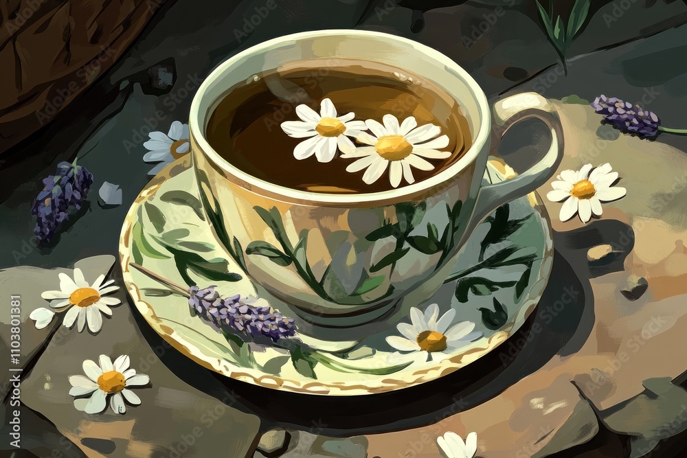 A decorative cup filled with tea and floating daisies, surrounded by lavender and flowers. A decorative cup filled with tea and floating daisies, surrounded by lavender and flowers.