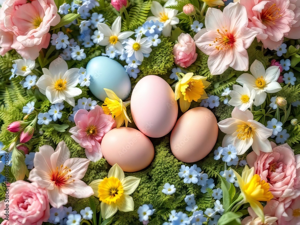 Spring still life: floral drone shot, pastel eggs. Spring still life: floral drone shot, pastel eggs.
