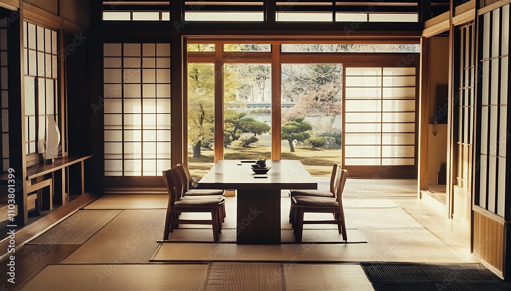 Serene Japanese Room With Garden View And Wooden Table Serene Japanese Room With Garden View And Wooden Table