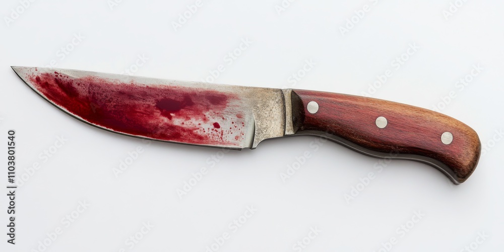 Knife with blood on a white background, showcasing the stark contrast of the knife s design and the blood, creating a dramatic visual impact. The knife serves as a focal point in this imagery.