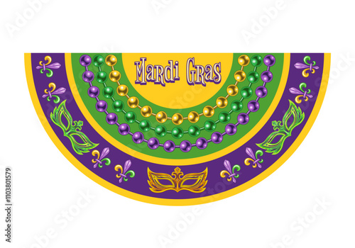 Semicircle Mardi Gras banner, flag for holiday celebration, decoration. Half circle bunting with Fleur de Lis symbol masks, strings of beads, text. Vintage style