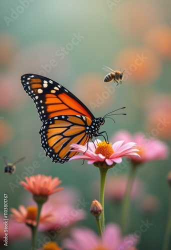 A vibrant monarch butterfly perches delicately on a pink flower, its striking orange and black wings contrasting beautifully with the soft pastel background. Nearby, a busy bee hovers, embodying the