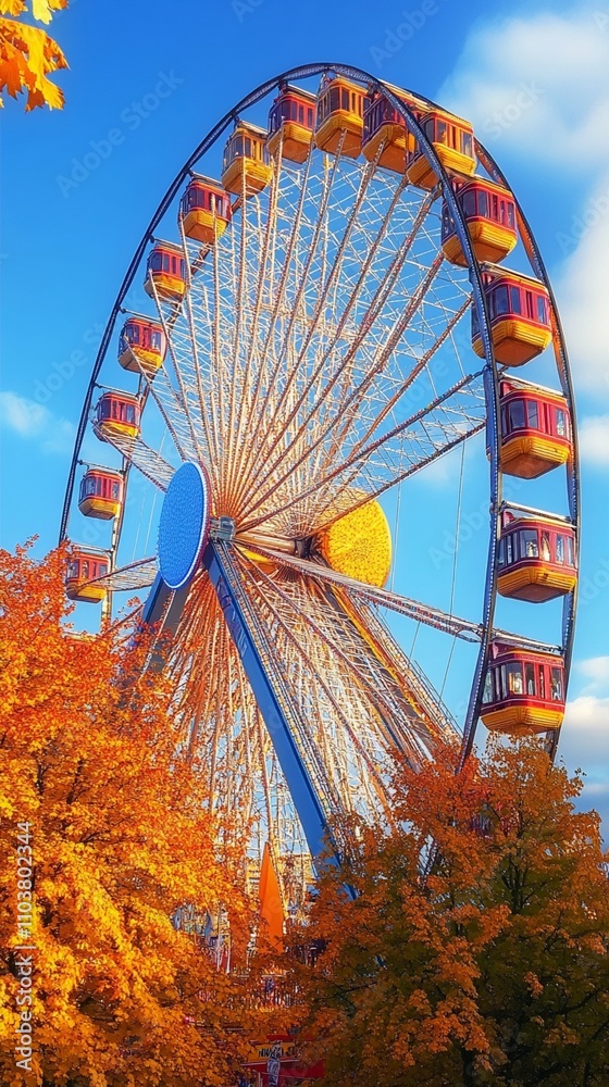 Fototapeta premium Vibrant Ferris wheel towering against azure sky, framed by golden autumn foliage. Colorful gondolas catch sunlight, creating a festive atmosphere in the fall fairground.