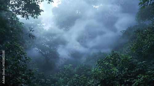 Abstract view of rain curtains in a deep forest environment, dreamlike, indistinct, weather patterns, atmospheric conditions, mysterious