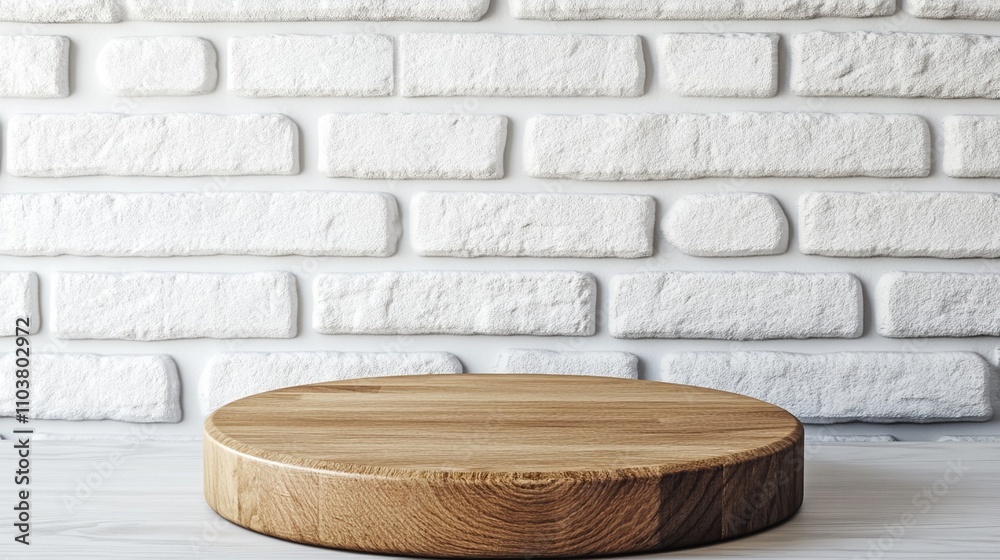 Minimalist wooden circular platform against white brick wall backdrop, perfect for product display or rustic home decor accent piece. Minimalist wooden circular platform against white brick wall backdrop, perfect for product display or rustic home decor accent piece.