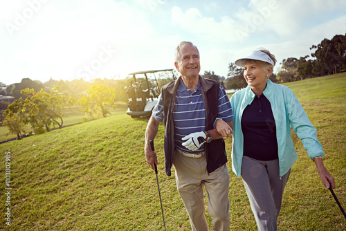 Retirement, smile and walking with old couple on golf course together for leisure activity. Hobby, love and space with happy senior people playing sports for bonding, recreation or romance in summer