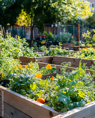 A vibrant community garden with raised beds filled with various plants and vegetables. photo