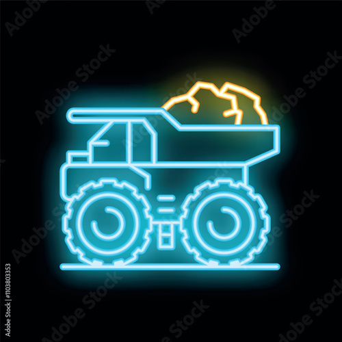 Glowing neon line mining dump truck carrying coal or ore on black background icon vector illustration