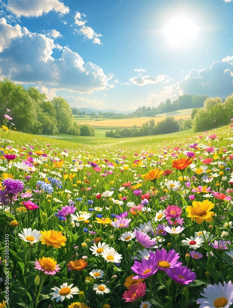 A colorful array of wildflowers blooms in a vibrant meadow, basking in the radiant energy of the sun, wildflowers, outdoors, meadow, sunlight A colorful array of wildflowers blooms in a vibrant meadow, basking in the radiant energy of the sun, wildflowers, outdoors, meadow, sunlight