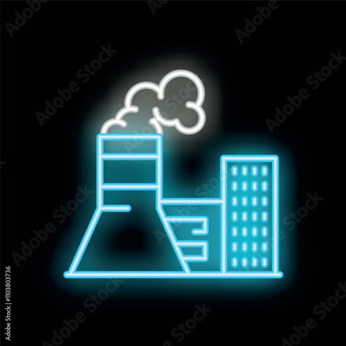 Neon style icon of an industrial factory with smoking chimneys polluting a city with toxic fumes