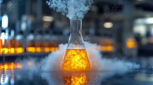 A close-up view of a vibrant chemical reaction in a laboratory flask during experimentation photo