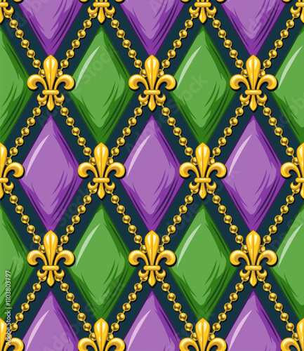 Geometric Mardi Gras pattern with yellow Fleur de lis symbol, strings of beads. Diagonal classic rhombus grid. Harlequin volumetric ornament. Vintage style.