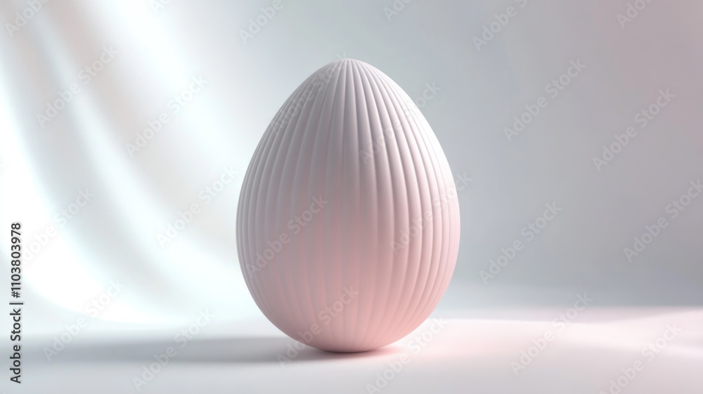 Pale pink, ribbed Easter egg on white fabric background. Pale pink, ribbed Easter egg on white fabric background.