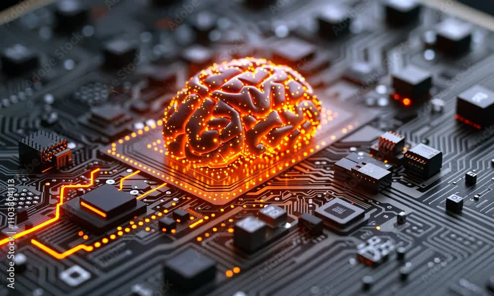 A glowing brain sits on a computer circuit board, representing artificial intelligence or the future of technology.